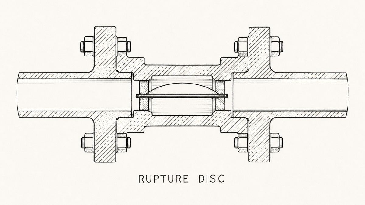 A rupture disc installed in its holder between two pipe flanges, drawn as one long cut-away side view as a hand-drawn pen-and-ink engineering plate: a flanged pipe entering from the left, a two-part machined holder with a ring above and a ring below gripping a thin domed disc between them, the disc seated on the holder's machined face with its dome pointing to the right, then a second flange and the pipe leaving to the right, the pipe and holder walls shown in section by thin even hatching, with a label underneath