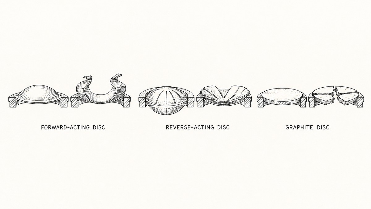 Three rupture disc opening sequences drawn in a single horizontal row as a hand-drawn pen-and-ink engineering plate, each shown as a pair of small before and after profiles side by side with a label underneath and no numerals: a forward-acting disc first as a shallow smooth dome bulging outward until the metal thins and splits, then as an opened disc with torn edges peeled back; a reverse-acting disc first as a deep dome with score lines, then as the same dome having flipped inward along its scores so it opens as a set of flat petals turning back; and a graphite disc first as a flat solid plate, then as the same plate broken into a few large irregular pieces with jagged edges