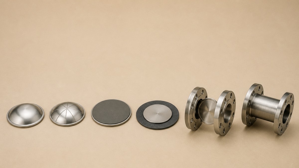 Rupture disc cover: a domed forward-acting rupture disc of thin metal with a plain smooth crown, a reverse-acting rupture disc with a scored petal pattern of straight lines radiating across its domed face, a flat graphite rupture disc of larger diameter with a plain matt face, a composite rupture disc seated in a flat gasket ring, a two-part steel rupture disc holder drawn with its inlet and outlet rings apart to show the disc seating face between them, and a short flanged pipe spool, arranged in one row on a warm beige studio surface