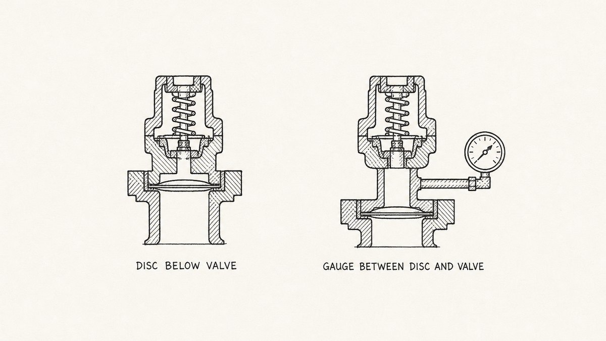 Two short rupture disc and relief valve arrangements drawn side by side in a single horizontal row as a hand-drawn pen-and-ink engineering plate, each shown in cut-away section as a short vessel neck with the devices sitting on it, with a label underneath: on the left, a short vessel neck rising to a rupture disc held in a squat holder with a compact spring-loaded relief valve sitting directly on top of it, so the disc sits between the process and the valve; and on the right, the same short assembly with the disc still below the valve and a small tee on the short neck between them carrying a small round pressure gauge, so the space between the disc and the valve is visible