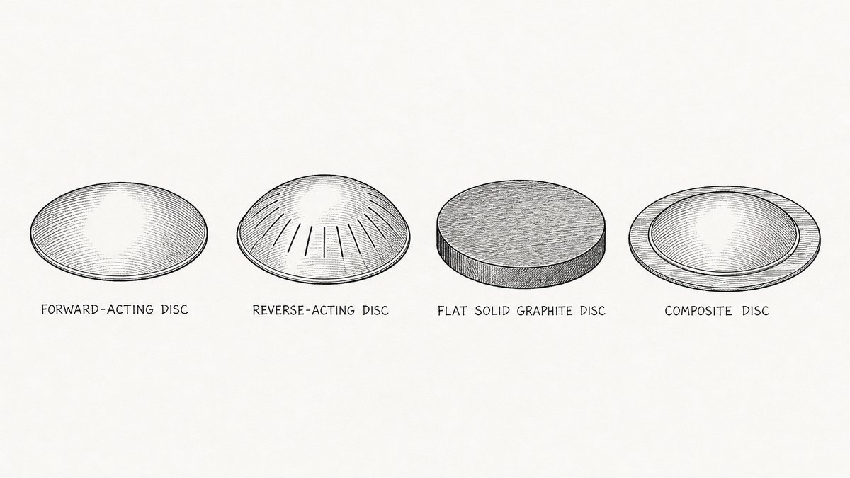 Four rupture disc types drawn in a single horizontal row as a hand-drawn pen-and-ink engineering plate, each an isolated disc seen at a slight angle so its curvature shows, with a label underneath: a forward-acting disc drawn as a smooth shallow dome of thin metal facing upward; a reverse-acting disc drawn as a deeper dome carrying a ring of short straight score lines radiating outward across its face; a flat solid graphite disc of thicker section with a plain matt face; and a composite disc drawn as a thin metal dome bonded to a flat gasket ring that extends beyond its rim