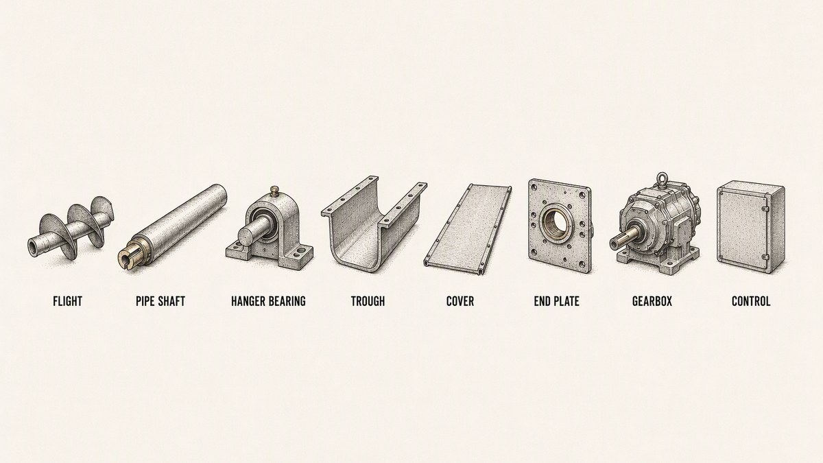 Eight separate screw conveyor components drawn in a single row as a hand-drawn pen-and-ink engineering plate, each an isolated object with a label underneath: a short length of helicoid screw flight showing its continuous spiral, a plain cylindrical pipe shaft with a keyed coupling at one end, a hanger bearing on its bracket with a stub shaft through it, a cut section of U-shaped trough with flanged top edges, a flat trough cover panel, a machined end plate with a round opening and a bearing bore, a shaft-mounted gearbox, and a plain control box with a blank front