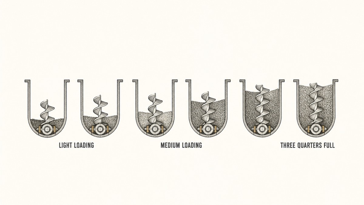 Six cut sections of screw conveyor troughs drawn in a single row as a hand-drawn pen-and-ink engineering plate, each seen end on as a U-shaped trough with the screw inside shown in section and filled to a different level with the same granular material drawn as fine stipple, the material depth rising progressively from left to right, from a shallow layer at the bottom through about a third and about half to nearly two thirds and almost full, with three labels underneath
