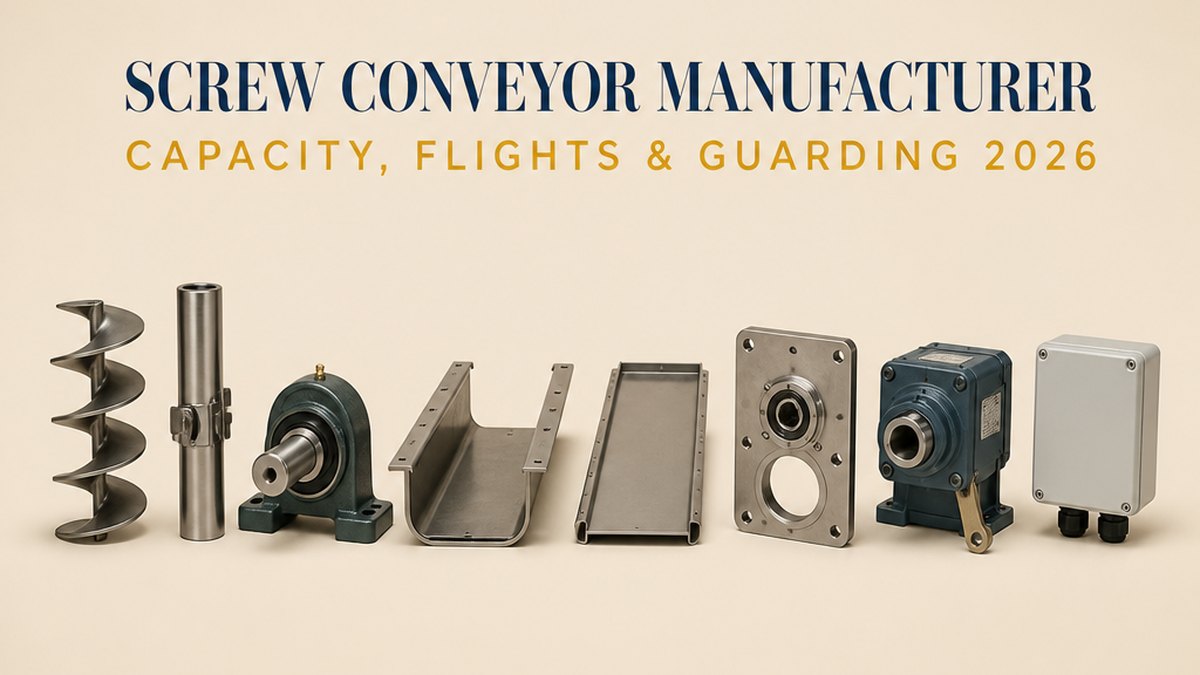Screw conveyor cover: a short cut length of steel helicoid screw flight with its continuous spiral edge formed from strip steel, a matching length of plain steel pipe shaft with a keyed coupling half, a hanger bearing assembly drawn as a small bearing block on a bracket with a stub shaft, a short cut section of a U-shaped steel trough with flanged top edges and a bolted end plate, a matching flat steel trough cover with a raised lip, a machined steel end plate with a round discharge opening and a bearing bore, a compact shaft-mounted gearbox with a hollow bore and a torque arm stub, and a small rectangular control enclosure with a blank front and two cable glands, on a pale beige studio surface