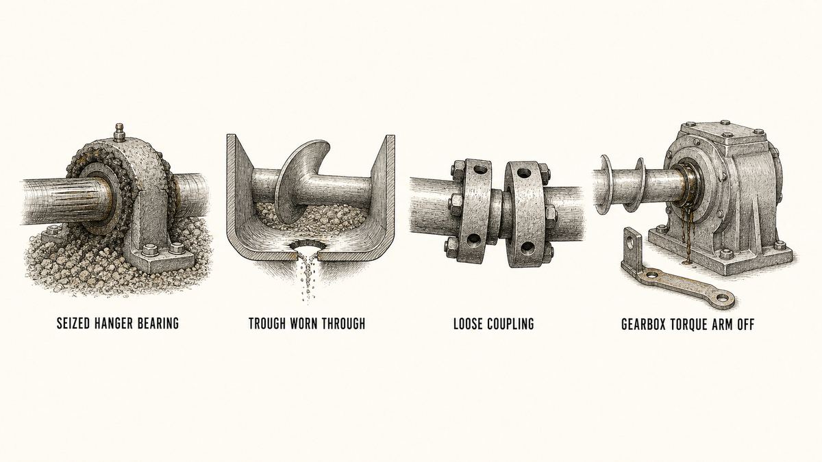 Four screw conveyor problems in a single row as a hand-drawn pen-and-ink engineering plate: a hanger bearing seen from the side with granular material packed solid around and under the bearing block, the shaft through it scored and grooved and a dark ring of hardened material crusted around the housing; a cut section of the bottom of a U-shaped trough with a clear hole worn right through the trough floor directly beneath where the flight edge passes, the metal around the hole thinned and bright with abrasion and fine material trickling through; a close-up of the bolted coupling joining two lengths of conveyor shaft with two bolt holes left empty and the two shaft ends visibly out of line; and a shaft-mounted gearbox on the end of a conveyor shaft with its torque arm hanging loose and disconnected and dark oil weeping from the joint at the gearbox output, each with a label underneath