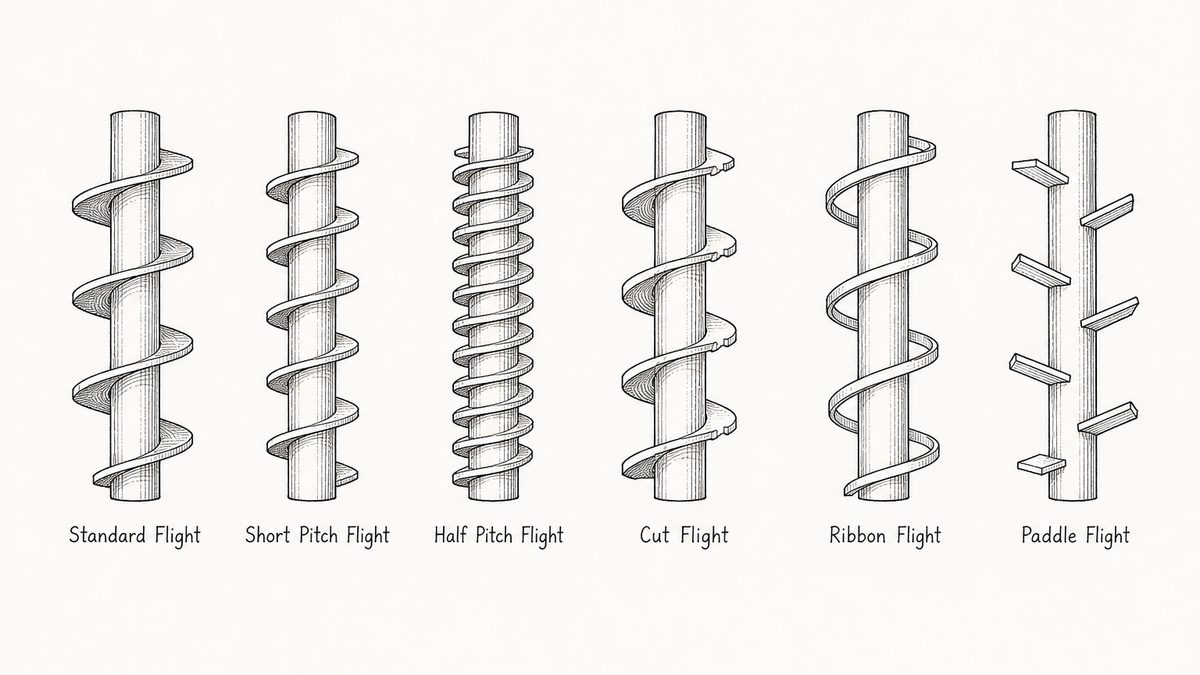 Six screw conveyor flight forms drawn in a single horizontal row as a hand-drawn pen-and-ink engineering plate, each an isolated flight section seen from the side with a label underneath: a standard single flight of evenly spaced helical blades on a pipe; a short pitch flight whose blades sit closer together than the standard one; a half pitch flight whose blades sit very close together; a cut flight in which short notches are cut away from the outer edge of each blade; a ribbon flight in which each blade is drawn as a narrow strip separated from the shaft by an open gap; and a paddle flight of scattered short flat blades set at an angle rather than a continuous helix