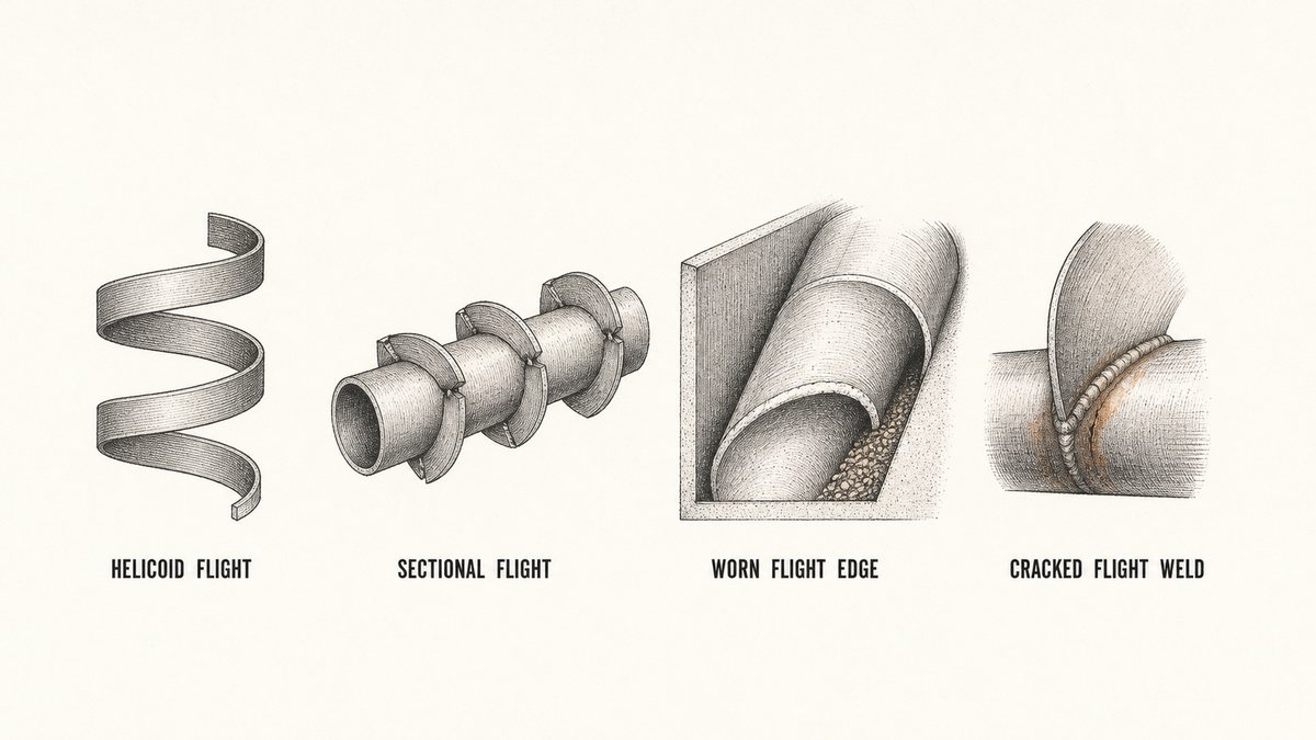 Four screw conveyor flight drawings in a single row as a hand-drawn pen-and-ink engineering plate: a short length of helicoid flight formed as one continuous spiral from flat strip steel with its inner edge unbroken; a short length of sectional flight built up from separate flat segment plates welded at intervals onto a pipe with the segment joints visible; a close-up of the outer edge of a flight inside a trough where the edge is worn away and rounded with a visible gap between flight edge and trough wall and fine stipple showing abrasive material trapped there; and a close-up of a flight segment welded to the pipe shaft with a fine crack along the weld root and rust staining beside it, each with a label underneath