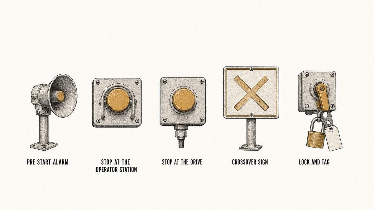 Five separate pieces of conveyor control and safety hardware drawn in a single row as a hand-drawn pen-and-ink engineering plate, each an isolated object with a label underneath: a small industrial alarm horn with a flared mouth on a short post; a shallow wall-mounted operator panel carrying one large plain round stop button under a raised protective ring; a second identical stop button on its own small panel with a cable gland beneath it; a flat rectangular sign plate on a post carrying a plain bordered crossing or cross symbol and no other text; and a small electrical isolator with a hinged handle carrying a steel lockout hasp through it with a padlock hanging closed on the hasp and a small blank rectangular tag hanging from the same hasp