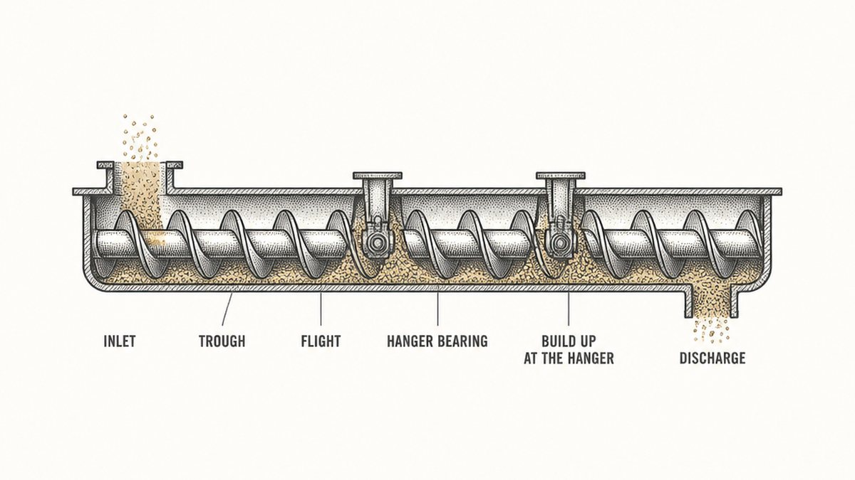 One long horizontal cut-away section through a screw conveyor drawn as a hand-drawn pen-and-ink engineering plate, showing the inside of the machine along its length: a flanged inlet opening in the top of the trough with material falling in, the long helical flight inside the U-shaped trough, two hanger bearings spaced along the run each drawn as a small bearing block hung from a bracket off the top of the trough with the flight interrupted where it passes and granular material packed solid around each bearing, the flight continuing to the right with a shallow bed of material below it, and at the far right end a vertical discharge opening in the trough floor with material falling out, with labels positioned underneath along the run