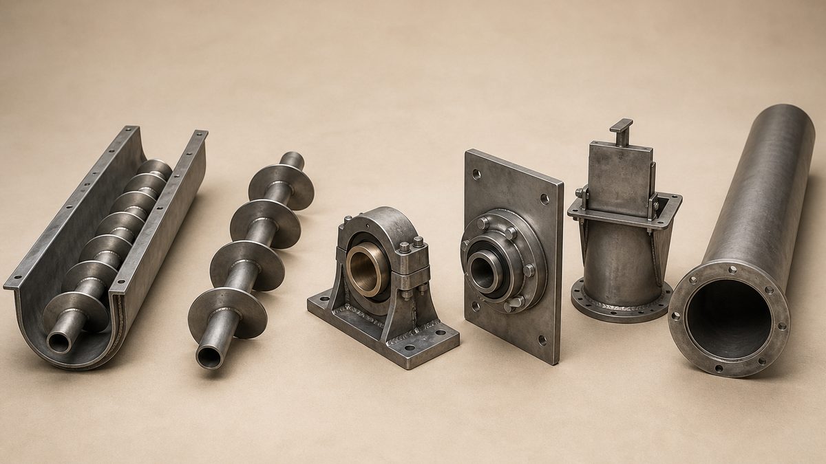 Screw conveyor cover: a short section of open U shaped steel trough with a helical screw flight resting inside it, a bare helical flight section on its central pipe, a machined hanger bearing assembly with its bushing and support bracket, an end plate carrying a flanged bearing and a shaft seal, a short discharge spout with a slide gate, and a length of round tube trough, arranged in one row on a warm beige studio surface