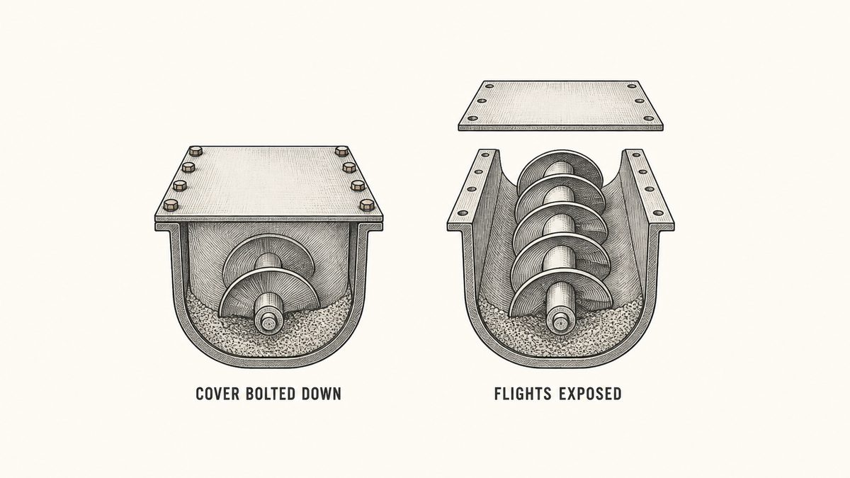 Two cut sections of the same U-shaped steel screw conveyor trough drawn side by side in a single row as a hand-drawn pen-and-ink engineering plate, each seen end on with the helical screw inside shown in section and a shallow bed of granular material drawn as fine stipple in the bottom: on the left the trough closed by its flat cover panel bolted down along the flanged top edges with the screw completely enclosed and nothing of the screw visible from outside, and on the right the same trough with the cover lifted off and hovering above the open trough so that the top half of the helical screw is fully exposed above the material level with its flights plainly visible from above, each with a label underneath