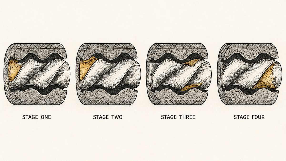 Four successive stages of the same progressive cavity pump element drawn in a single row as a hand-drawn pen-and-ink engineering plate, each stage a cut section of the same twisted helical rotor inside its rubber stator tube: the four sections show the same sealing line between rotor and stator in four positions as the rotor turns, so a pocket of liquid between the rotor and the stator appears near the left hand of the tube in the first drawing and moves progressively to the right hand of the tube by the fourth, the pocket shaded with fine stipple and the sealing contact line drawn heavy