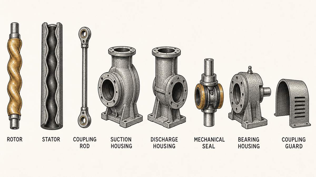 Eight screw pump components drawn in a single row as a hand-drawn pen-and-ink engineering plate, each an isolated object with a label underneath: a polished helical steel rotor with its single twisted lobe and two coupling ends; a rubber stator tube cut open along its length so the twisted double helix bore is visible; a slender steel coupling rod with a pin and eye joint at each end; a cast suction housing with a round inlet; a cast discharge housing with a round outlet; a cartridge mechanical seal on a short length of shaft; a bearing housing with a flanged end and a drive shaft stub; and a half-round louvred steel coupling guard