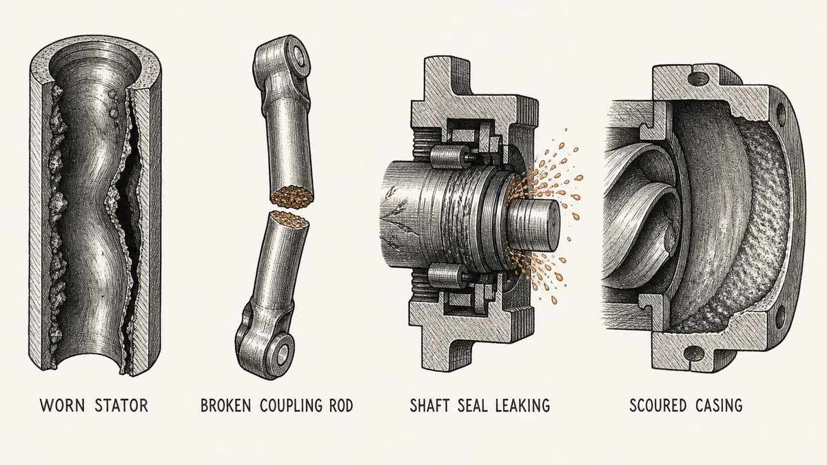 Four screw pump faults drawn in a single row as a hand-drawn pen-and-ink engineering plate, each an isolated object with a label underneath: a stator tube in cut section with its helical rubber bore worn and opened out, polished smooth in patches with a long ragged tear down one side and grey rubber debris clinging to the wall; a slender steel coupling rod broken clean across at the neck behind one of its pin joints, the fracture face rough and grainy with a bright fresh break and the rod slightly bent; a pump shaft seal area in cut section with liquid weeping past the sealing faces drawn as a fine spray of droplets escaping between the rotating and stationary rings and the shaft beneath the seal galled and scored; and a pump casing interior in cut section with the metal wall scoured away in a deep crescent-shaped hollow just downstream of the rotor, the eroded surface bright and coarse with a shallow ridged pattern