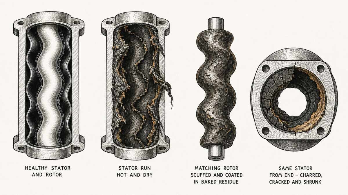 Four views of progressive cavity pump stators and rotors drawn in a single row as a hand-drawn pen-and-ink engineering plate, each an isolated cut section with a label underneath: a healthy stator tube in cut section with its helical bore smooth, black, evenly coloured and glossy, with the helical rotor sitting inside clean and bright and a thin film of liquid drawn as fine stipple between the surfaces; a stator in cut section whose bore has run hot and dry, the rubber surface torn, blistered, smeared and scored with ragged shreds hanging loose in the bore; the matching rotor alone with its helical surface scuffed dull, scored and coated in baked dark rubber residue; and the same stator seen from the end with a section of its rubber wall charred, cracked and shrunk away from the metal housing