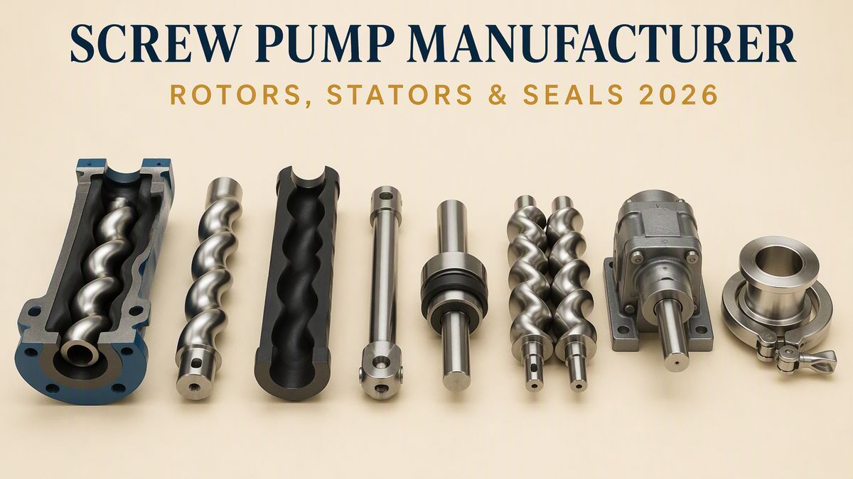 Screw pump cover: a sectioned progressive cavity pump body showing the helical rotor sitting inside its rubber stator, a bare polished helical rotor, a rubber stator tube cut in half along its length so the twisted bore is visible, a slender coupling rod with a pin joint, a cartridge mechanical seal on a short shaft, a pair of intermeshing twin pump screws, a compact shaft-mounted gearbox, and a round tri-clamp connection with its clamp ring, arranged in one row on a warm beige studio surface
