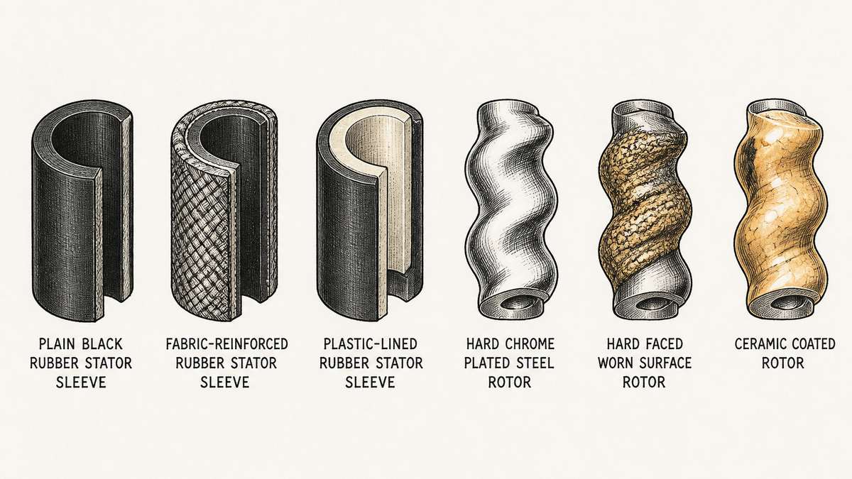 Six stator and rotor material samples drawn in a single row as a hand-drawn pen-and-ink engineering plate, each an isolated cut section with a label underneath: a plain dense black rubber stator sleeve in cut section; a stator sleeve in cut section with a visibly fabric-reinforced outer layer wrapped around a soft inner lining; a stator sleeve in cut section with a smooth pale rigid plastic lining set inside its rubber body; a polished steel rotor section with a bright hard chromium plated surface shown by fine parallel sheen lines; a rotor section whose surface carries a thick rough grainy hard facing; and a rotor section coated with a smooth glossy ceramic layer drawn with fine crackle lines