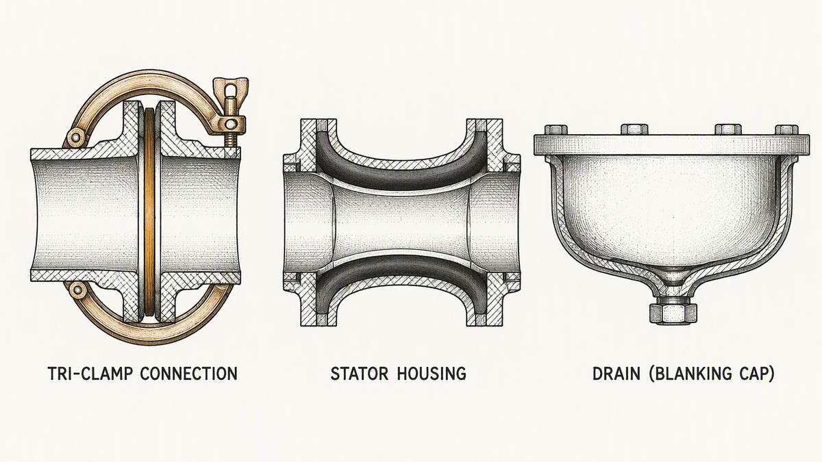 Three sanitary pump features drawn in a single row as a hand-drawn pen-and-ink engineering plate, each an isolated detail view with a label underneath: a round tri-clamp pipe connection in cut section showing two matching plain flanges with a smooth flat elastomer gasket between them and a hinged clamp ring closed around the joint, the inside of the joint perfectly flush and free of any step or crevice; a pump stator housing in cut section showing the rubber stator butted tight against the metal suction and discharge housings with the internal bore smoothly continuous and no shoulder, dead pocket or threaded hole breaking the surface; and the underside of a pump casing in side view with a shallow low point and a small drain branch fitted with a blanking cap, the internal floor falling smoothly to that point