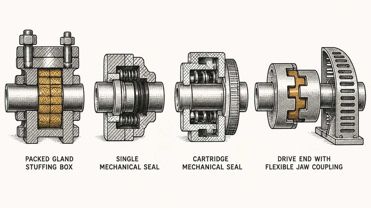 Four items of screw pump shaft sealing and drive hardware drawn in a single row as a hand-drawn pen-and-ink engineering plate, each an isolated object with a label underneath: a packed gland stuffing box in cut section on a shaft with a stack of square packing rings inside a deep rectangular chamber and a bolted gland follower pressing them down; a single mechanical seal in cut section on a shaft with one rotating face ring, one stationary seat ring, a spring and an elastomer bellows; a cartridge mechanical seal in cut section as a self-contained unit on a shaft with its own sleeve, faces, springs and a setting collar; and the drive end of a pump shaft in side view with a flexible jaw coupling joining the pump shaft to the gearbox input shaft, the interleaved jaws and the elastomer spider between them visible, with a half-round louvred guard panel beside them