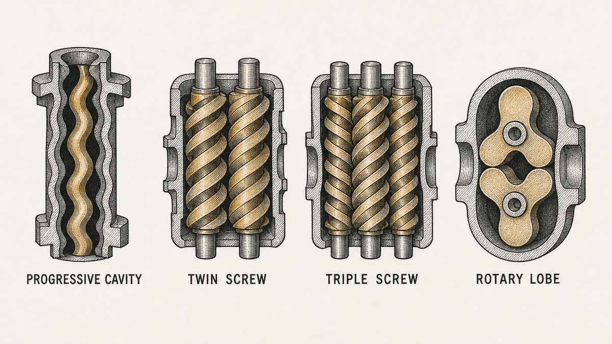 Four rotary positive displacement pump elements drawn in a single row as a hand-drawn pen-and-ink engineering plate, each shown in cut section with a label underneath: a progressive cavity element with a single twisted helical rotor inside a rubber stator whose bore is a matching double helix, the cavities between them visible; a twin screw element with two parallel intermeshing helical steel screws inside their casing; a triple screw element with three parallel intermeshing screws, one central and two flanking; and a rotary lobe element with two intermeshing figure-of-eight steel lobes inside a casing