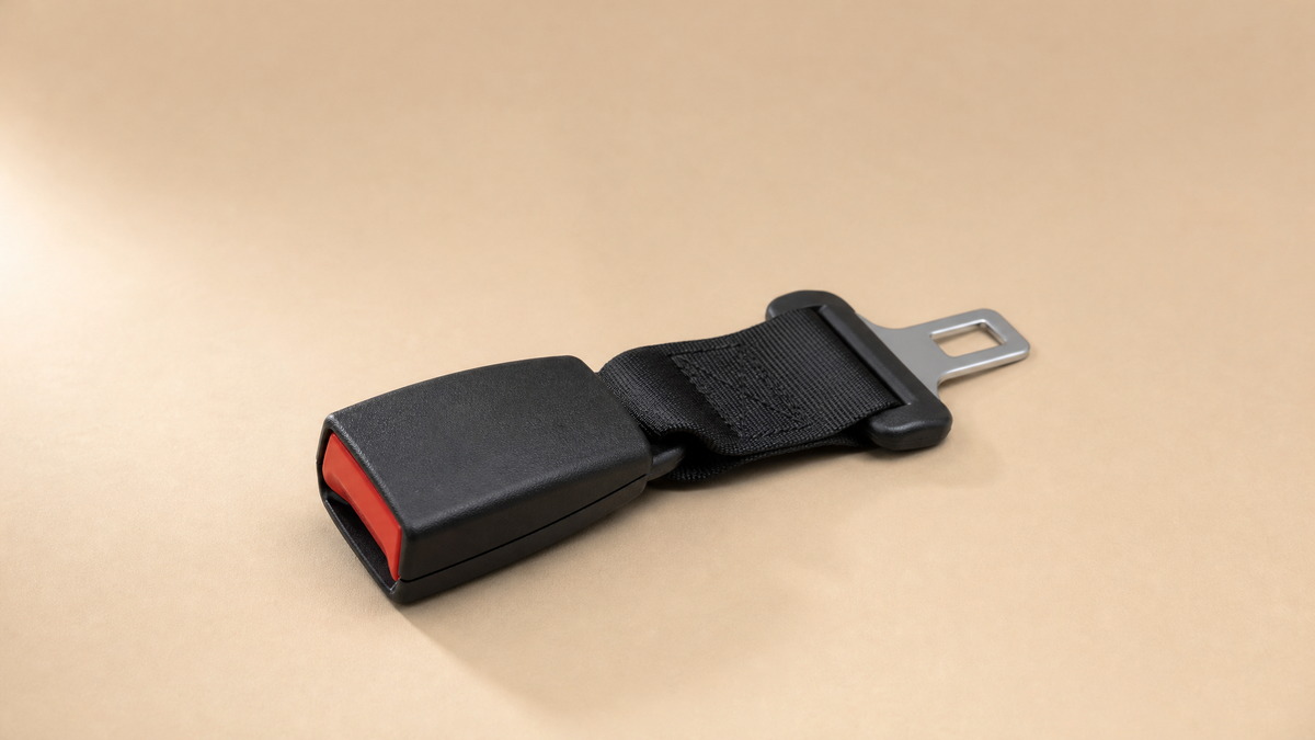 Seat belt buckle and webbing on a beige studio surface