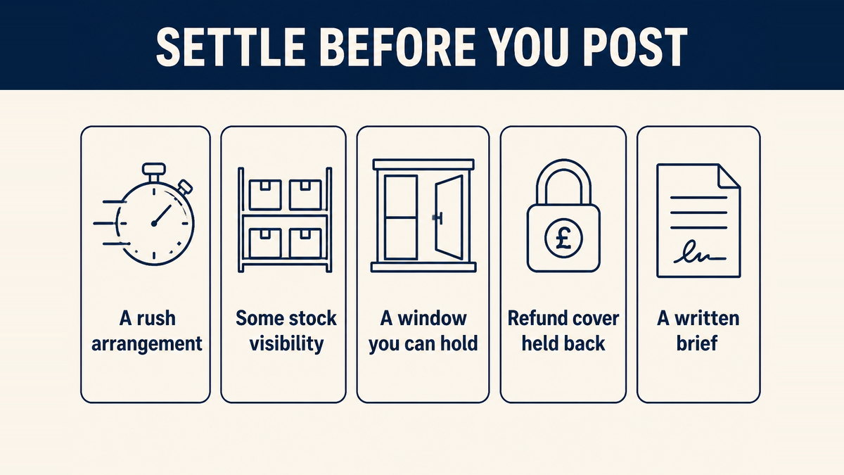 Five preparations: a rush arrangement, visible stock, a holdable delivery window, held-back refund cover, and a written brief