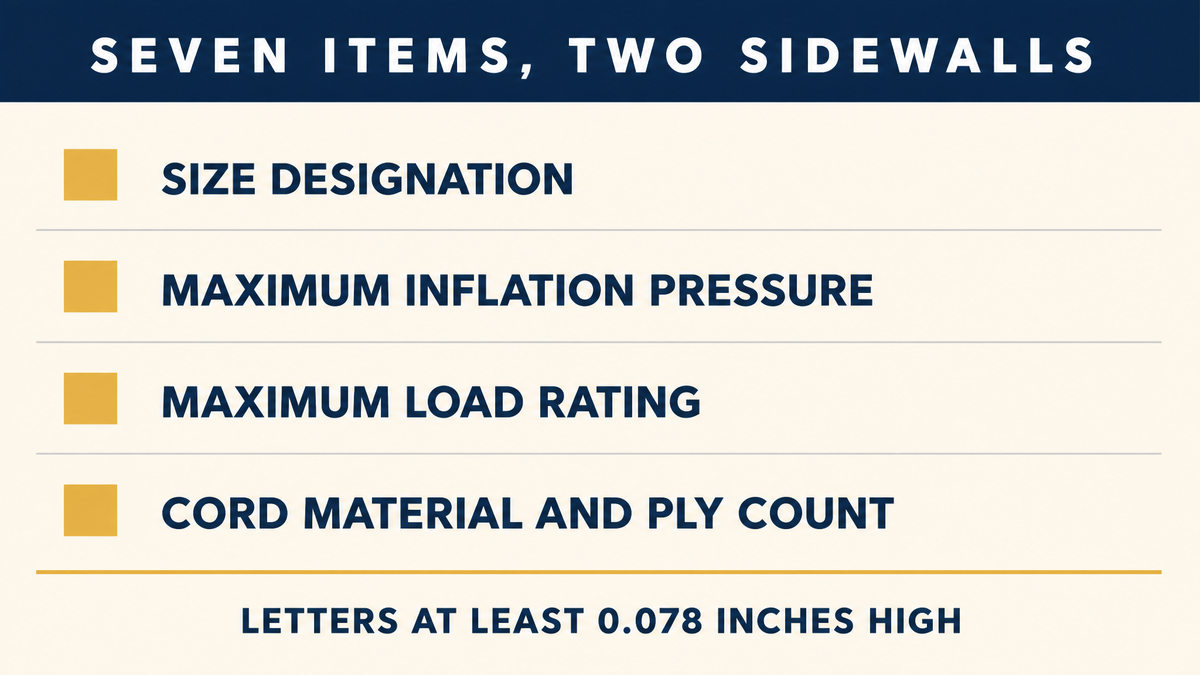 An infographic titled Seven Items, Two Sidewalls listing size designation, maximum inflation pressure, maximum load rating, cord material and ply count, with a caption noting letters at least 0.078 inches high