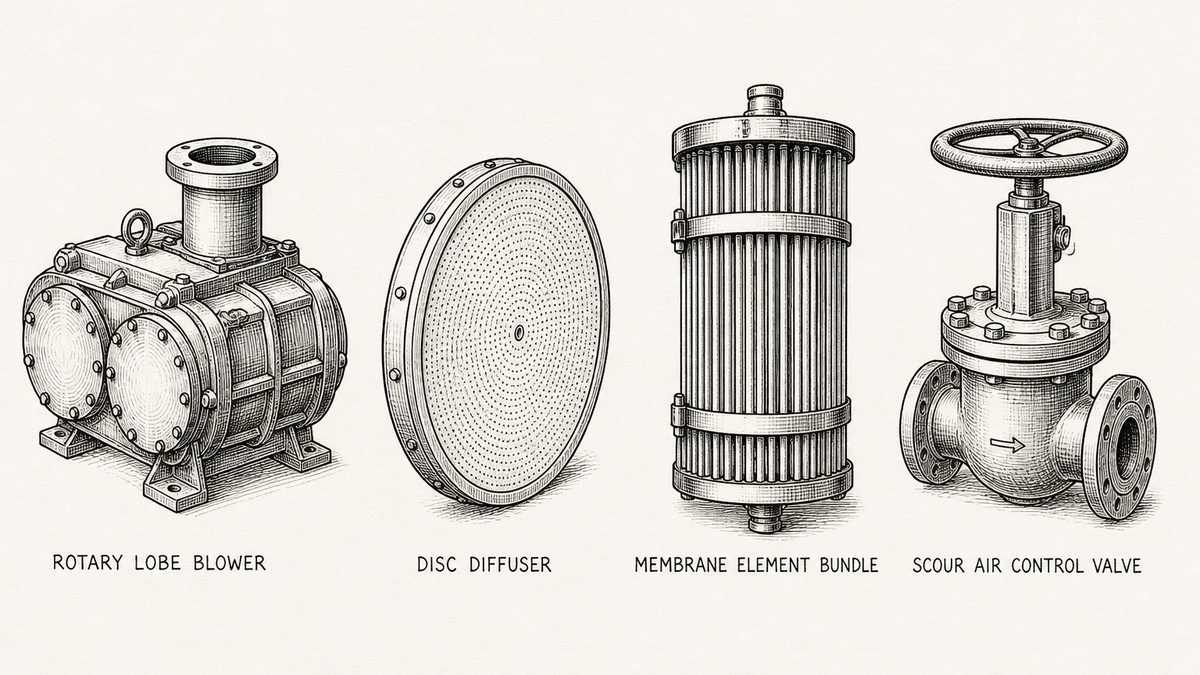 Pen and ink engineering plate showing four treatment plant components in one row with a plain label under each reading Rotary Lobe Blower, Disc Diffuser, Membrane Element Bundle, Scour Air Control Valve