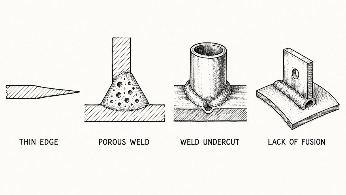 Pen and ink engineering plate showing four tank defects in one row with a plain label under each reading Thin Edge, Porous Weld, Weld Undercut, Lack of Fusion