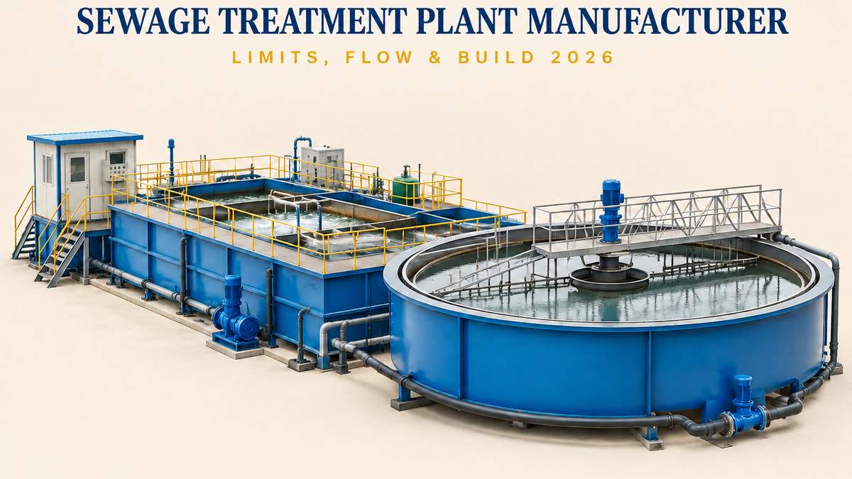 Blog cover showing a miniature sewage treatment plant model on a warm cream background, with a navy serif headline reading Sewage Treatment Plant Manufacturer and an amber subhead reading Limits, Flow and Build 2026