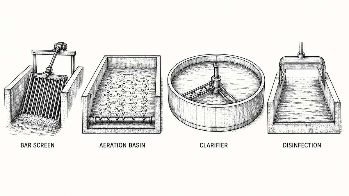 Pen and ink engineering plate showing four treatment stages in one row with a plain label under each reading Bar Screen, Aeration Basin, Clarifier, Disinfection