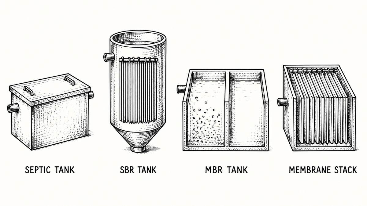Pen and ink engineering plate showing four compact plant configurations in one row with a plain label under each reading Septic Tank, SBR Tank, MBR Tank, Membrane Stack