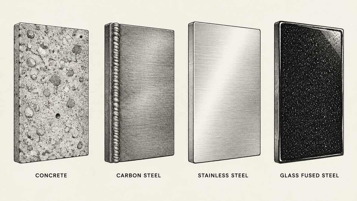 Pen and ink engineering plate showing four rectangular tank wall material samples in one row with a plain label under each reading Concrete, Carbon Steel, Stainless Steel, Glass Fused Steel