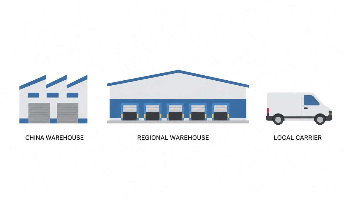 Flat vector infographic showing three fulfilment tiers in one row, with a plain label under each reading China warehouse, Regional warehouse and Local carrier