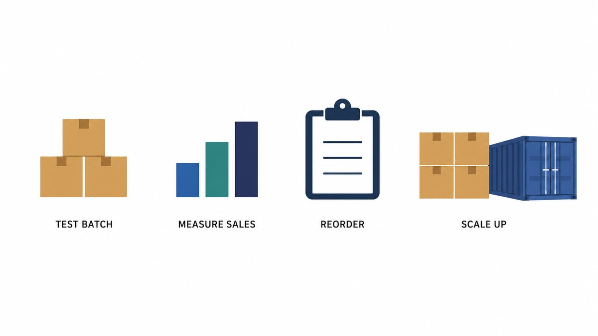 Flat vector infographic showing a four-step loop with a plain label under each step reading Test batch, Measure sales, Reorder, Scale up