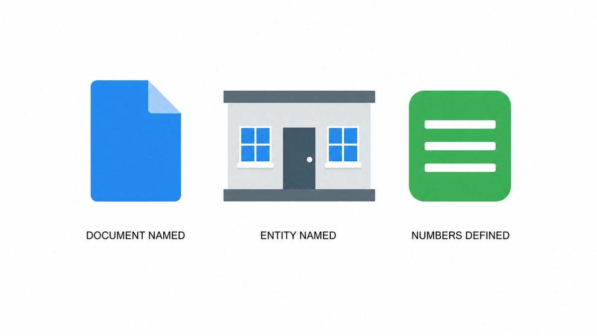 Flat vector infographic showing a claim passing through three checks, with a plain label under each check reading Document named, Entity named and Numbers defined