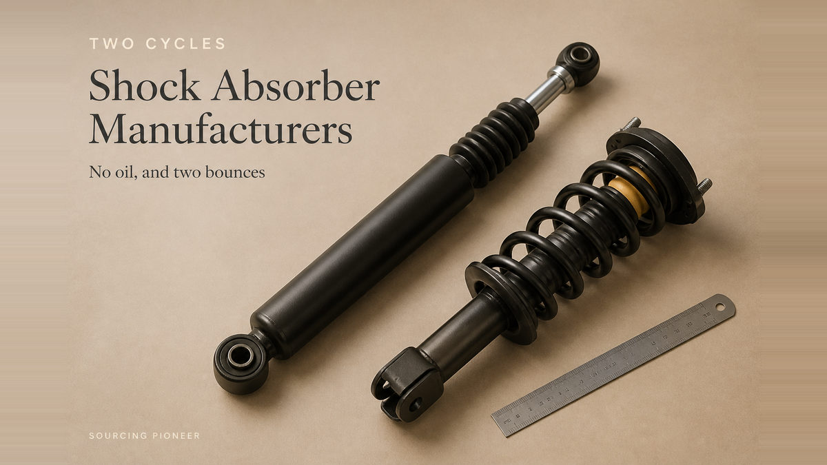 A plain unbranded hydraulic shock absorber with its dust boot and a separate coil-over strut unit laid on a warm beige studio surface beside a plain steel rule