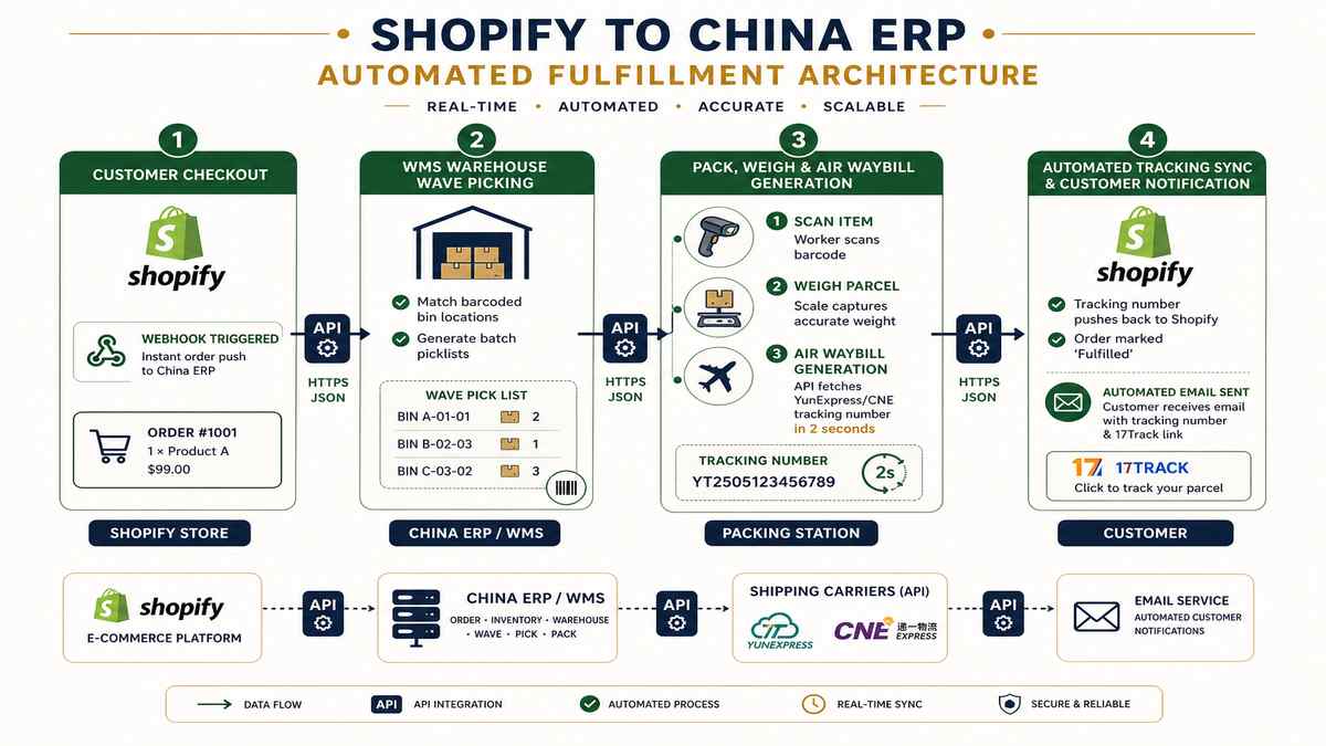 Shopify to China ERP Automated Fulfillment Data Flow Architecture Infographic