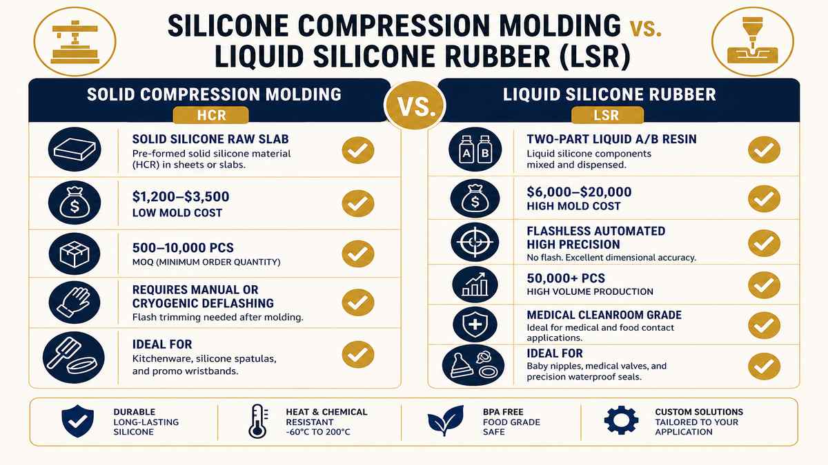 Silicone Compression Molding vs Liquid Silicone Rubber LSR Comparison Infographic