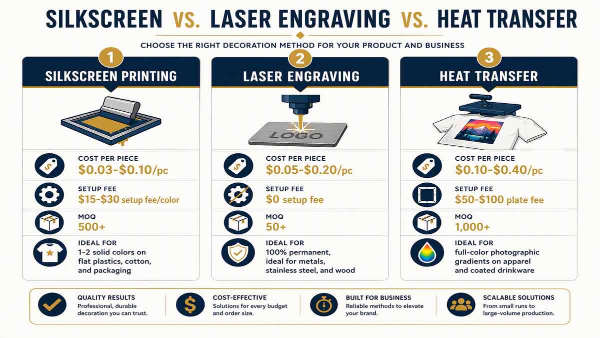 Silkscreen vs Laser Engraving vs Heat Transfer Head-to-Head Comparison Infographic