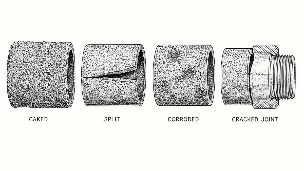 Four failed sintered metal filter tubes drawn in a single horizontal row as a hand-drawn pen-and-ink engineering plate, each an isolated tube section with a label underneath: a tube whose outer surface is covered by a thick even cake of packed solids entirely hiding the porous metal beneath; a tube carrying a long ragged longitudinal split running along its length with the torn edges pulled slightly apart; a tube whose surface is rough and pitted with shallow scattered craters and patches of discoloured corroded metal; and the end of a tube where a machined end fitting meets the tube, drawn in section with a visible gap and a hairline crack running along the joint between the two parts