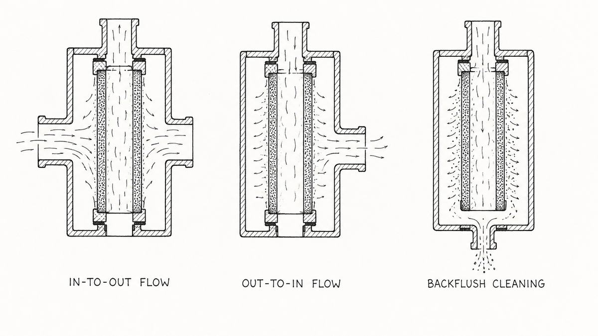 Three sintered metal filter flow and cleaning arrangements drawn in a single horizontal row as a hand-drawn pen-and-ink engineering plate, each a side view of a cylindrical sintered tube mounted inside a simple housing with inlet and outlet connections, with a label underneath: flow entering through the housing wall and passing inward through the tube wall with the cleaned fluid leaving from the inside of the tube; flow entering at one open end of the tube and passing outward through the wall with the cleaned fluid leaving from the housing; and the same tube being cleaned, drawn with fluid passing backwards through the wall from the clean side outward, carrying a loose cloud of collected solids away from the outer surface into a drain below