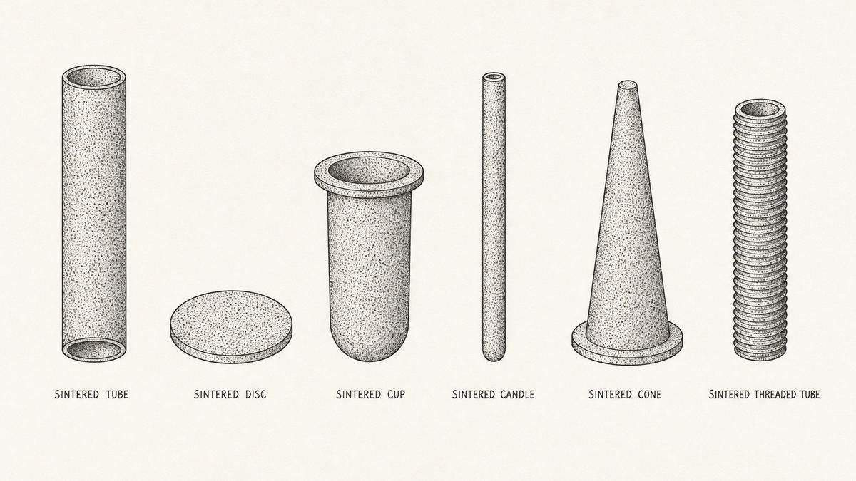 Six sintered metal filter element forms drawn in a single horizontal row as a hand-drawn pen-and-ink engineering plate, each an isolated element seen from the side with a label underneath: a long plain cylindrical tube open at both ends; a flat round disc with a plain rim; a cup shaped element closed at one end with a flange at the open end; a long thin candle shaped tube closed at one end; a conical element tapering from a wide flanged base to a narrow closed tip; and a cylindrical tube drawn with a coarse screw thread running along its outer surface