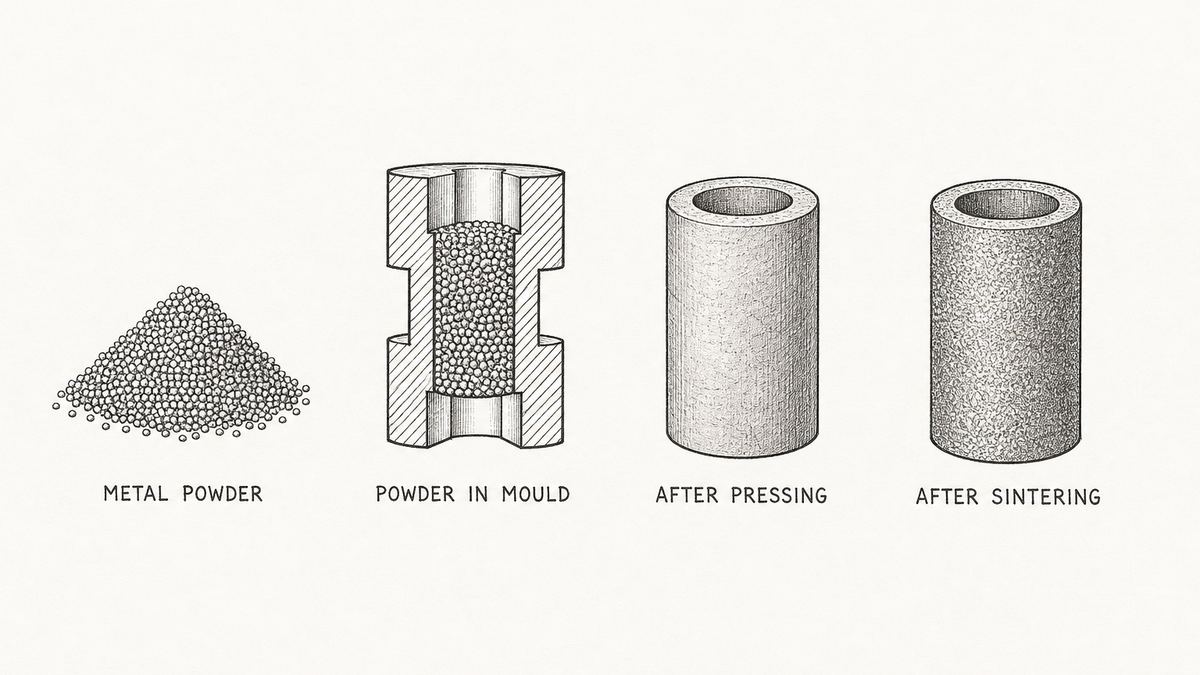 Four stages of sintered metal filter manufacture drawn in a single horizontal row as a hand-drawn pen-and-ink engineering plate, each an isolated object with a label underneath: a loose heap of fine round metal powder grains drawn as a small pile of tiny spheres; the same powder filling the cavity of a simple two-part steel mould drawn in open section; the part after pressing, drawn as a solid cylindrical tube of compacted powder with a matt uniform surface and straight edges, still dull and chalky; and the finished part after heating, drawn as the same cylindrical tube with a dense, slightly glazed metallic surface and a fine grainy texture