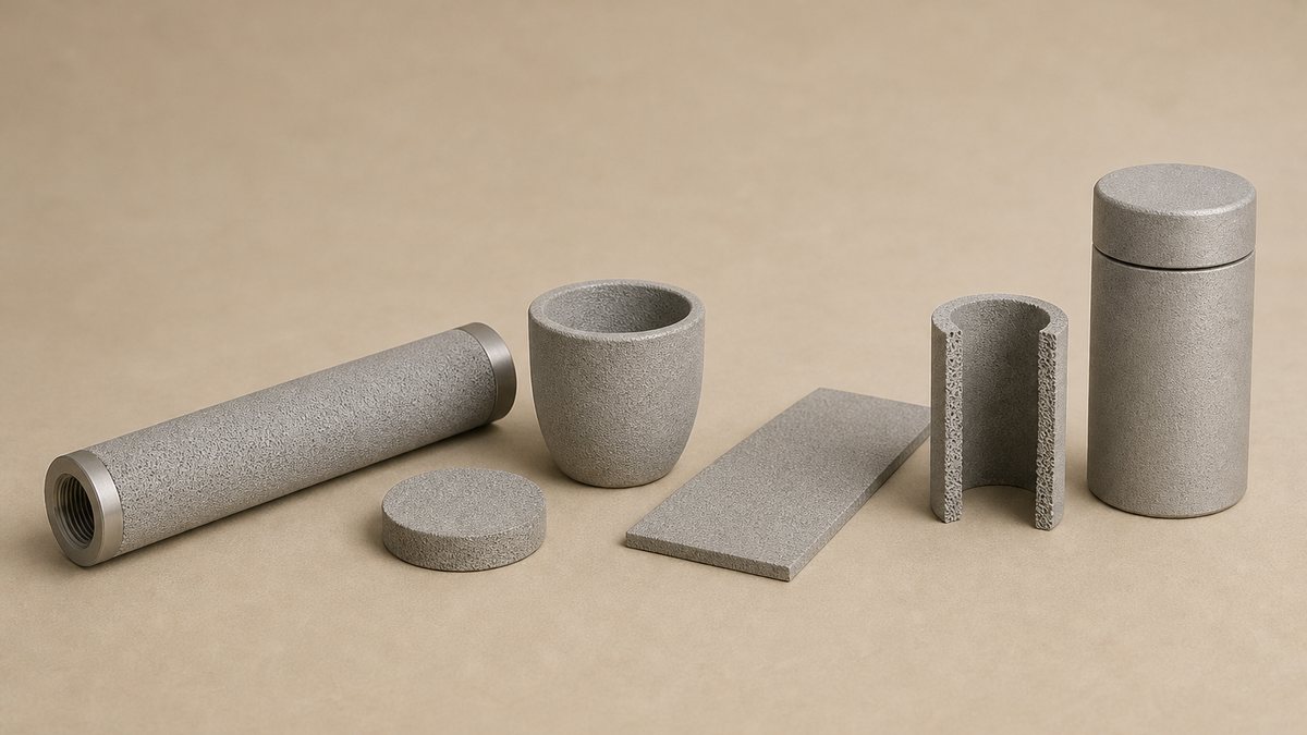 Sintered metal filter cover: a long cylindrical sintered metal filter tube with a uniform matt grey porous surface and machined ends, a short disc shaped sintered metal filter disc, a cup shaped sintered metal element, a flat rectangular sheet of sintered porous metal plate, a section cut from a tube showing its wall thickness and grainy porous structure, and a plain machined cylindrical filter housing with a removable cap, arranged in one row on a warm beige studio surface