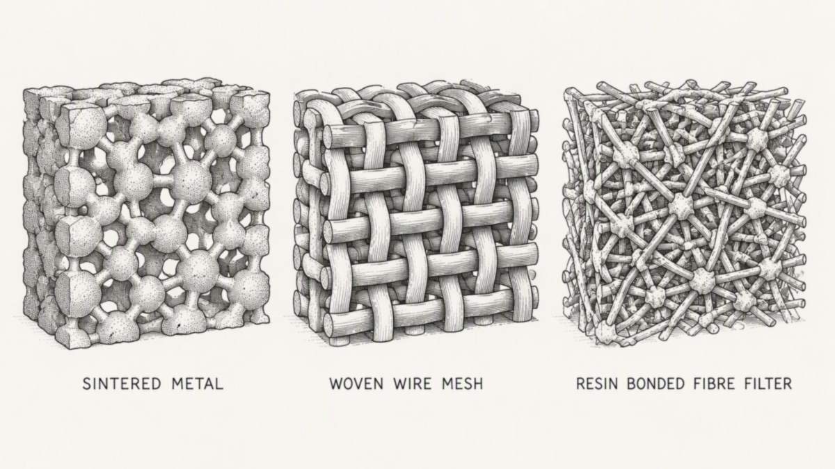 Three filter media structures compared in a single horizontal row as a hand-drawn pen-and-ink engineering plate, each drawn as a highly magnified cut-away block of material with a label underneath: sintered metal drawn as a dense three dimensional skeleton of round metal grains fused to one another at their contact points, leaving a winding connected network of small open gaps between them and no separate binding material anywhere; a woven wire mesh drawn as a plain interlaced weave of round wires crossing over and under each other in a regular grid; and a resin bonded fibre filter drawn as a loose tangle of long thin fibres with small blobs of binder resin sticking the crossings together