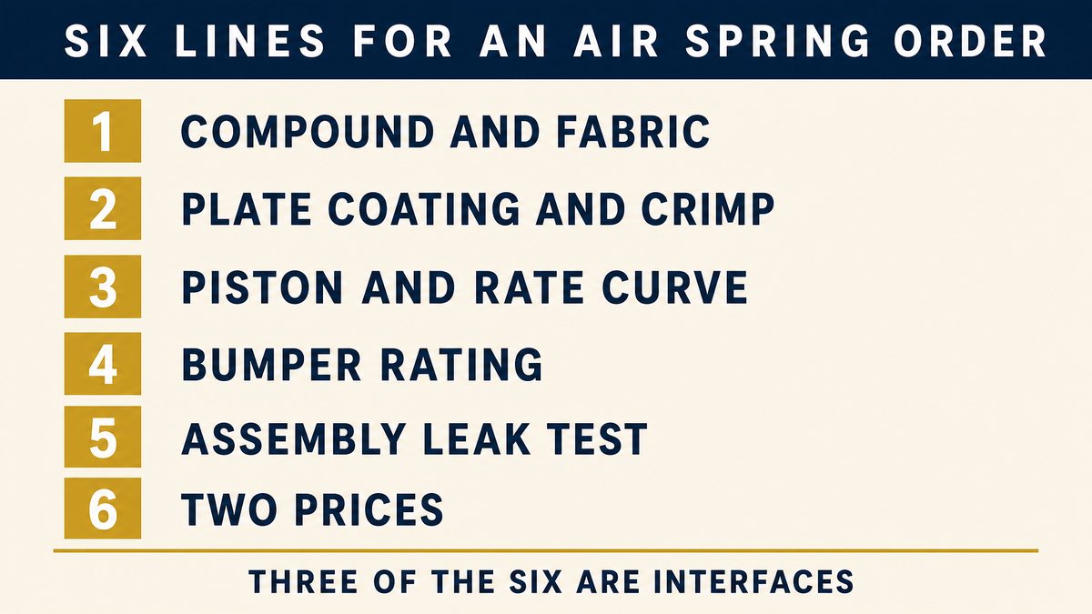 Six numbered order lines for an air spring: compound and fabric, bead plate and crimp, piston and rate curve, bumper rating, assembly leak test, two prices