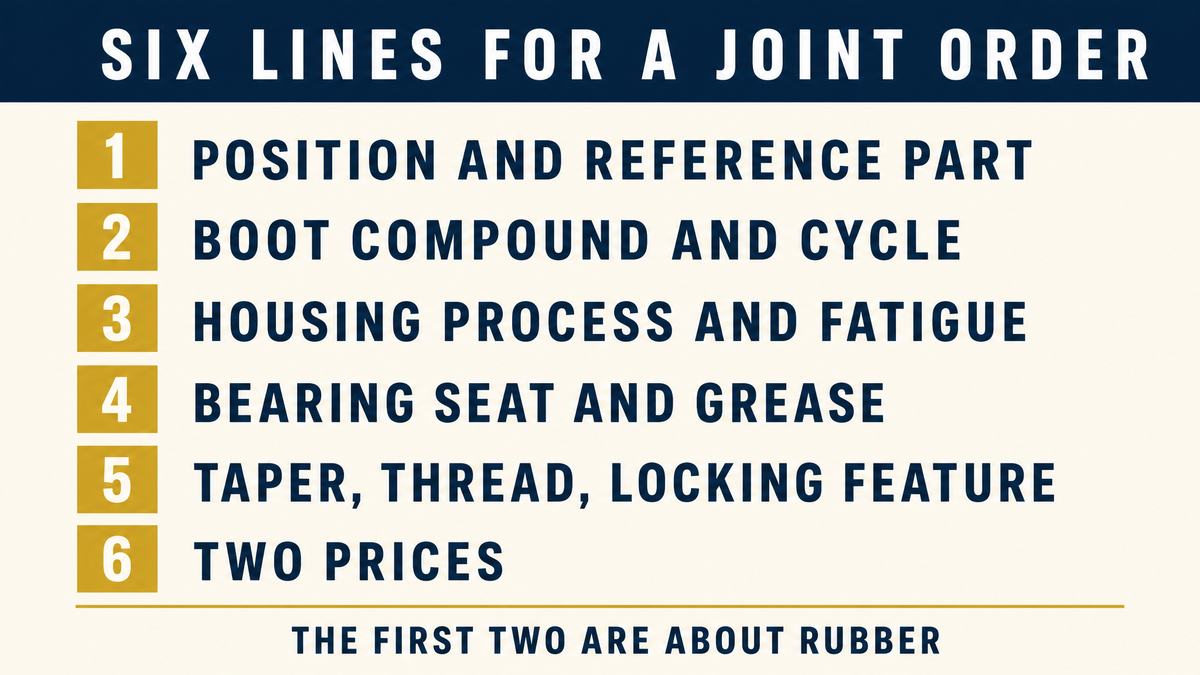 Six numbered lines for a ball joint order: position and reference, boot compound and cycle, housing process, bearing seat and grease, stud taper and locking feature, two prices