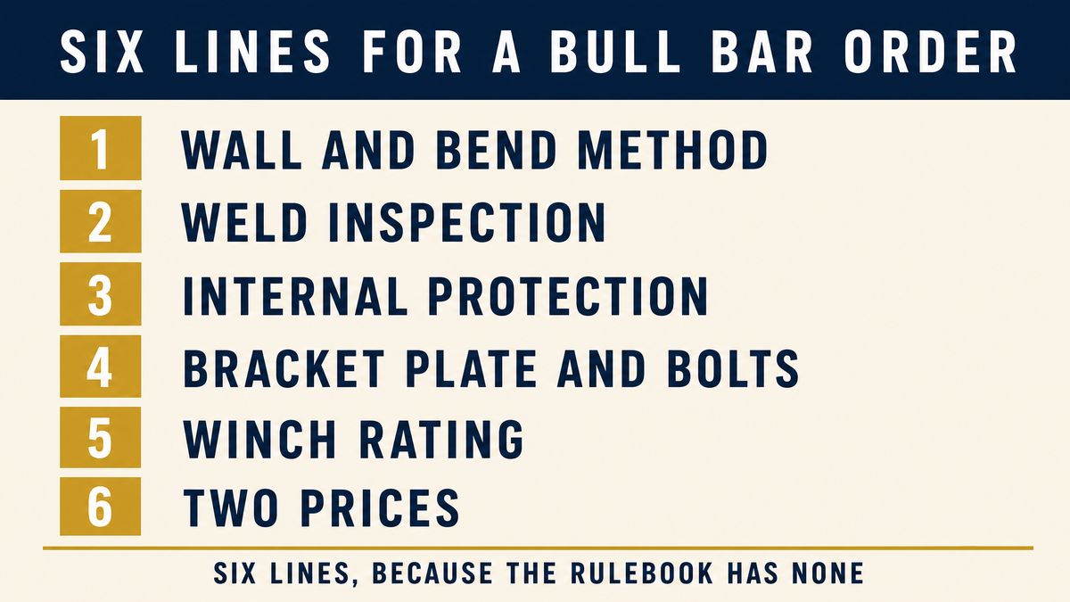 Six numbered order lines for a bull bar: wall thickness and bend method, weld inspection, internal protection, bracket plate and bolts, winch rating, two prices
