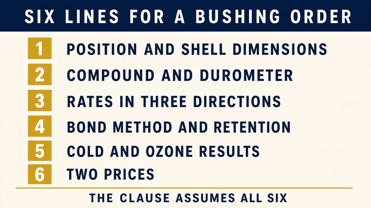 Six numbered lines for a bushing order: position and dimensions, compound and durometer, rates in three directions, bond method, cold and ozone tests, two prices
